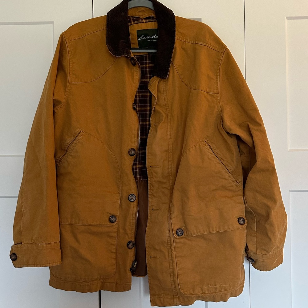Eddie Bauer Mens Tan Canvas Barn Coat Size L Corduroy Collar Button Up Chore